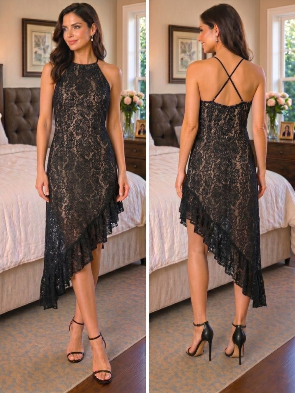 Alice + Olivia Black Fabiola Asymmetrical Midi Dress $495